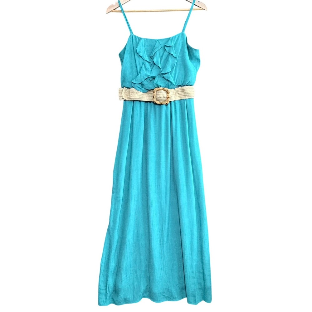 Turquoise Ruffle Maxi Dress Boho‎ Belted Spaghetti Strap Flowy Summer Coquette